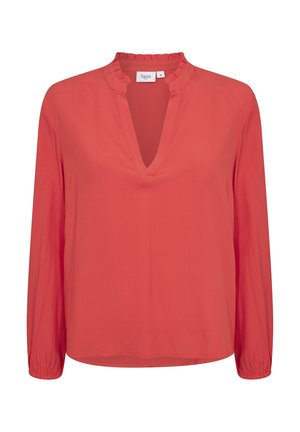 Bluză corai cu mâneci lungi, decolteu în V și guler volă. Fabricată dintr-un material neted, cu o croială lejeră și manșete elastice.