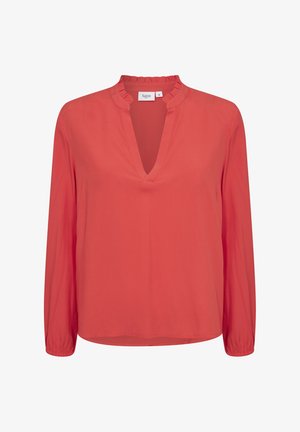 Bluză corai cu mâneci lungi, decolteu în V și guler volă. Fabricată dintr-un material neted, cu o croială lejeră și manșete elastice.