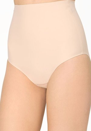 High-waisted seamless beige shapewear underwear on a person, covering waist and hips with smooth, form-fitting fabric.