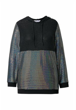 Sudadera con capucha negra, decorada con lentejuelas holográficas, de mangas largas, con capucha ajustable y puños y dobladillo acanalados. Superficie brillante y texturizada.