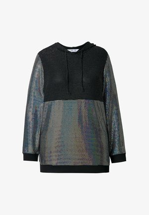 Felpa nera con cappuccio, decorata con paillettes olografiche, maniche lunghe, cappuccio regolabile con lacci e polsini e fondo a coste. Superficie lucida e testurizzata.