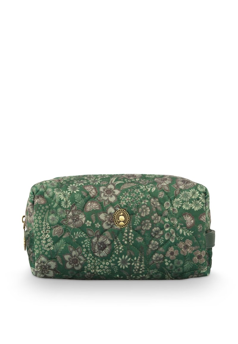 Quilted toiletry bag in green with floral pattern, featuring a gold-tone accent and zipper closure. Rectangular shape with soft texture.
