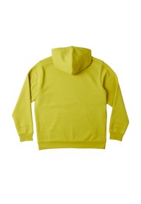 Gul huvtröja med långa ärmar, en känguruficka och ribbade mudd. Tyget verkar slätt och enhetligt i färgen.