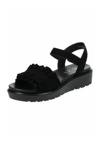 Sandal nero con dettaglio in tessuto arricciato sulla parte anteriore, caratterizzato da una suola spessa e due cinturini regolabili per una vestibilità sicura. Superficie interna liscia.