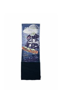 Braga de cuello Buff con un diseño vibrante en azul y gris que muestra un yeti de dibujos animados y el texto "Las montañas llaman", con una sección inferior negra.