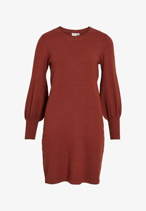 Robe tricotée couleur rouille avec de longues manches bouffantes, dotée d'un col rond et de poignets côtelés. Texture douce, design longueur genou.