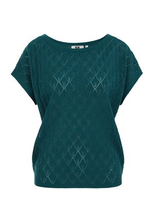 Temno zelena pletena majica s kratkimi rokavi, odprto tkanino v obliki diamantnega vzorca in okroglim izrezom.
