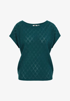 Temno zelena pletena majica s kratkimi rokavi, odprto tkanino v obliki diamantnega vzorca in okroglim izrezom.