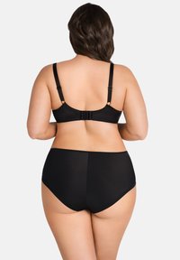 Black bra and high-waisted underwear set featuring adjustable straps, a hook closure, and smooth matte fabric with no visible patterns.