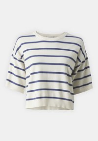 Randig kortärmad tröja med marinblå och vita ränder, ribbad halsringning och en kort silhuett. Mjuk textur och avslappnad design.