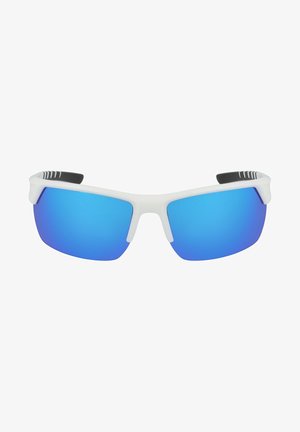 Lunettes de soleil à monture blanche avec de grandes lentilles miroitées bleues. Le design présente une forme sportive et des accents noirs texturés sur les branches.