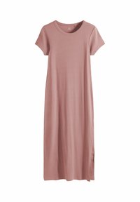 Rózsaszín pamut pólóruha rövid ujjakkal, kerek nyakkivágással és oldalsó sliccel. Sima textúrájú és laza kialakítású, középhosszúságú, a lábszár középig ér.