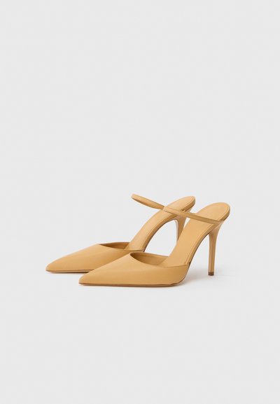 Hnědé lodičky s špičatou špičkou a páskem kolem paty na vysokém jehlovém podpatku na bílém pozadí.