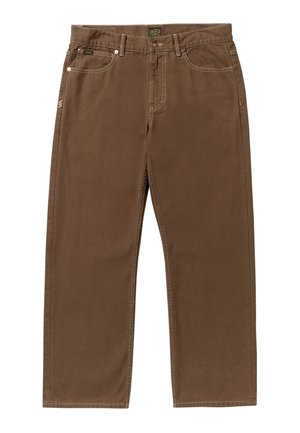 Brown cotton pants with a straight cut, featuring five pockets, contrast stitching, and a zipper fly. Subtle logo detail near the waistband.