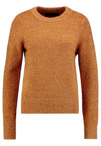 Rustfarbener Pullover aus strukturiertem Gewebe. Verfügt über einen runden Halsausschnitt und lange Ärmel mit Rippbündchen und Saum. Dezente metallische Fäden sind sichtbar.