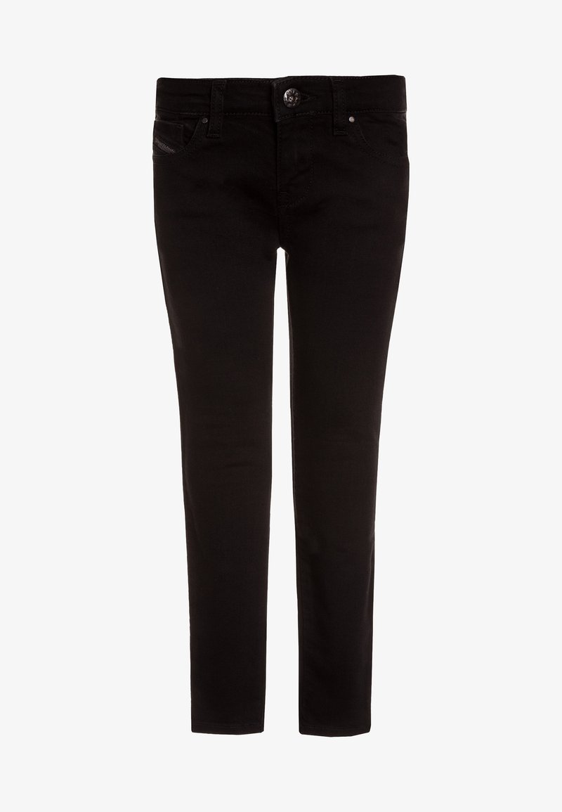 Pantalon en denim noir à coupe ajustée. Comprend une fermeture à boutons, des passants pour ceinture et des détails de poche. Texture lisse et couleur unie.
