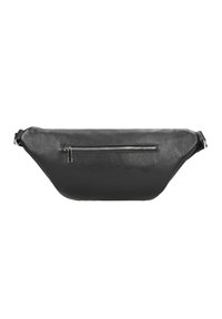 Černá kožená ledvinka s texturovaným povrchem, zakřiveným tvarem a přední kapsou na zip; má nastavitelné rameno a stříbrné kovové detaily.