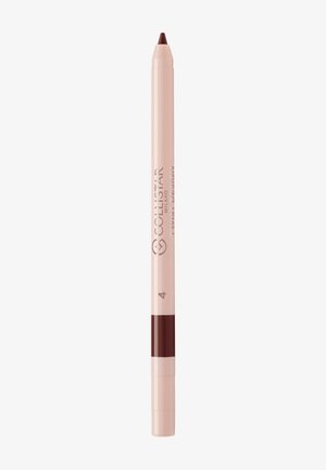 Lip pencil with a twist design. Pink body with a dark red tip. Features branding and product number "4" printed. Smooth texture.