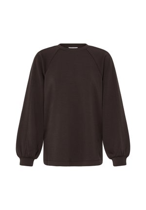 Mørkebrun sweatshirt med lange ærmer, raglanærmer og elastiske manchetter, vist forfra på en hvid baggrund.