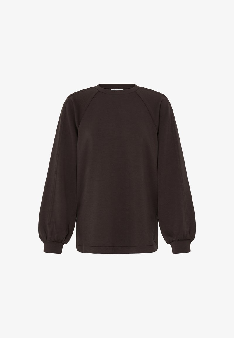 Sweat-shirt marron foncé à manches longues avec manches raglan et poignets élastiques, présenté de face sur fond blanc.