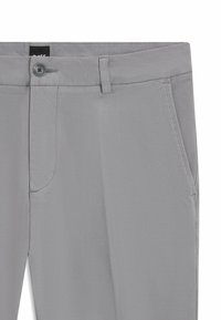 Gray fabric trousers with a smooth texture, featuring a front pocket, a button closure, and a waistband made of the same material.