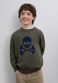Olive green sweater featuring a large navy blue skull and crossbones design on the front, round neck, and ribbed cuffs and hem.