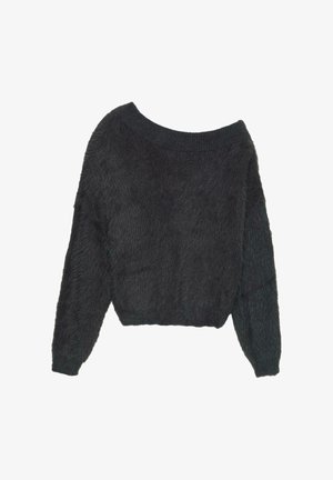 Mekani, tamnosivi džemper s dugim rukavima, širokim zaobljenim izrezom i rebrastim manšetama i rubom.