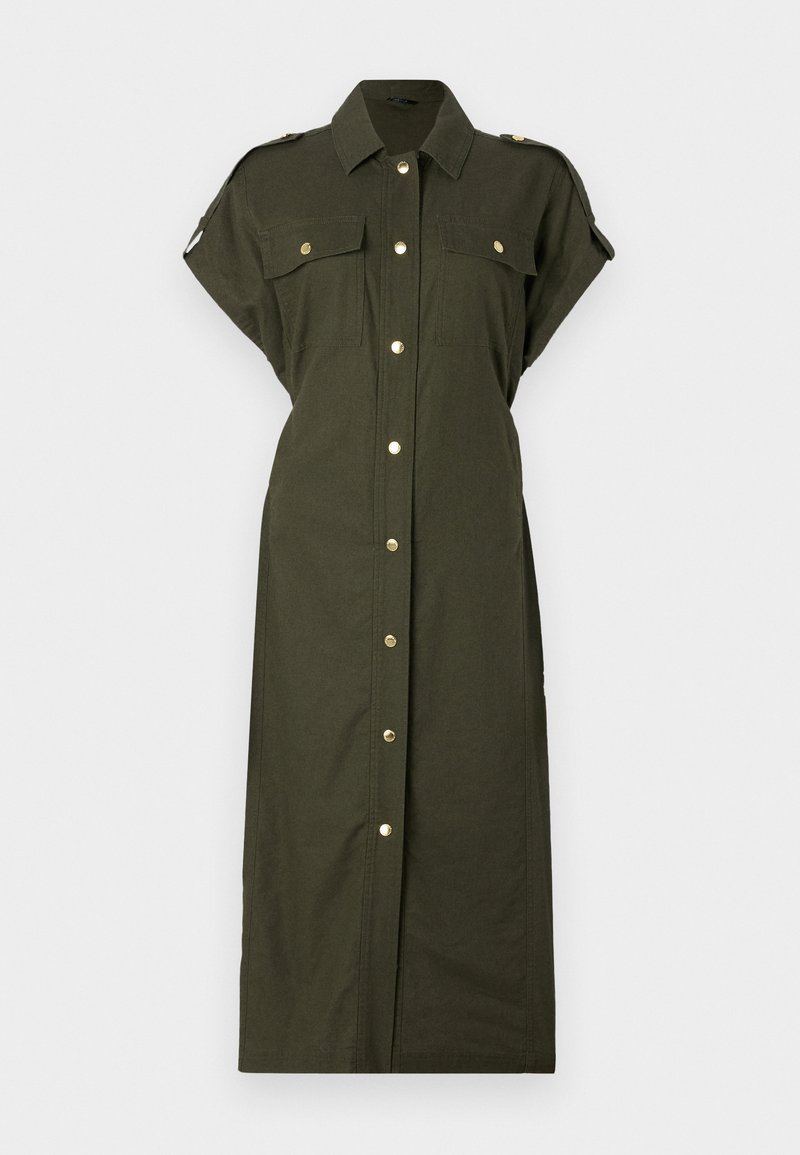 Oliwkowa sukienka midi z krótkimi rękawami, dwiema przednimi kieszeniami, złotymi guzikami i kołnierzykiem. Gładki, lekki materiał.