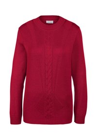 Roter gestrickter Pullover mit rundem Ausschnitt, der ein strukturiertes Kabelmuster in der Mitte aufweist. Lange Ärmel mit gerippten Bündchen.