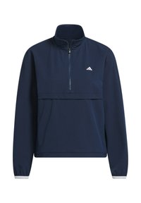 Navy blue, long-sleeve pullover with a quarter zip, textured fabric, and a horizontal seam. Features white Adidas logo on the chest.