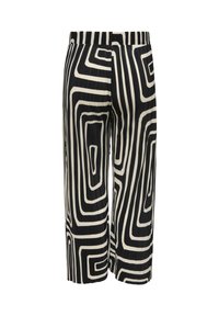 Pantalon large noir et blanc avec un motif géométrique abstrait en forme de labyrinthe et une taille élastique.