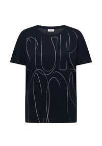 T-shirt bleu marine à manches courtes avec un design abstrait en ligne blanche continue sur le devant et un col rond.