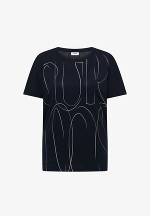 T-shirt bleu marine à manches courtes avec un design abstrait en ligne blanche continue sur le devant et un col rond.