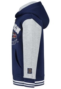 Navy blauwe en grijze zip-up hoodie met een capuchon, kangoeroezak, gestreepte ribgebreide manchetten en een geborduurd ontwerp op de voorkant.