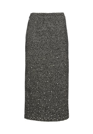 Schwarzer und grauer Tweed-Bleistiftrock mit tailliertem Bund, strukturiertem Muster und verstreuten silbernen Akzenten. Midikleid-Design mit geradem Schnitt.