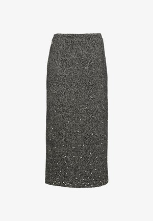 Schwarzer und grauer Tweed-Bleistiftrock mit tailliertem Bund, strukturiertem Muster und verstreuten silbernen Akzenten. Midikleid-Design mit geradem Schnitt.