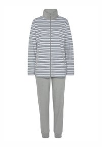 Gray striped fleece zip-up jacket with a high collar, paired with solid gray fleece pants. Soft texture, long sleeves, and elastic cuffs.