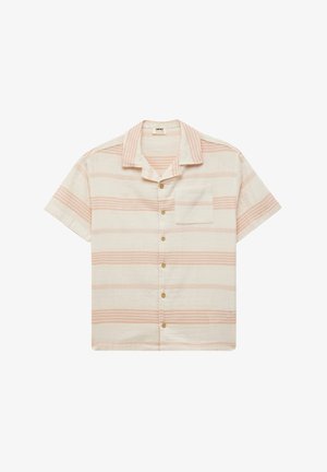 Koszula z krótkim rękawem w jasnym kremowym odcieniu z brzoskwiniowymi poziomymi paskami, z kieszenią na piersi i złotymi guzikami, wykonana z lekkiego materiału.