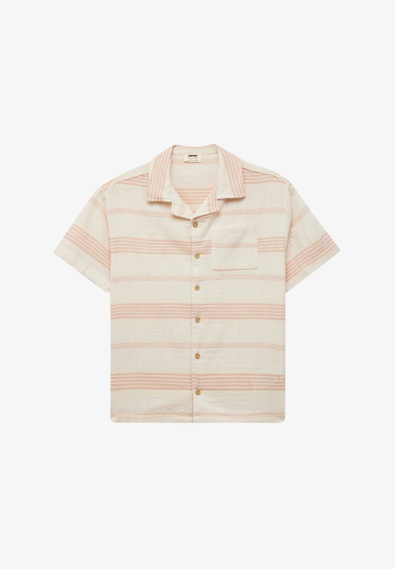 Camicia a maniche corte di colore crema chiaro con righe orizzontali pesche, dotata di taschino sul petto e bottoni dorati, realizzata in un tessuto leggero.