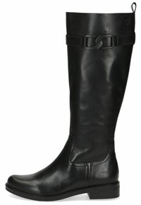 Bota de cuero negra hasta la rodilla con un acabado suave, que presenta una correa decorativa con hebilla y un tacón bajo cuadrado.