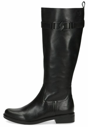Botte en cuir noir, hauteur genou, avec une finition lisse, dotée d'une sangle décorative à boucle et d'un petit talon carré.