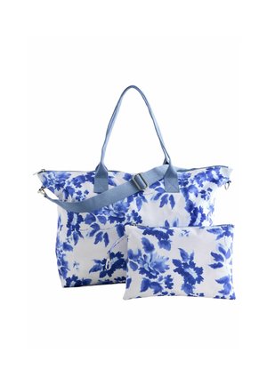 Borsa a spalla floreale blu con manici doppi e tracolla rimovibile, realizzata in tessuto. Include una pochette coordinata con zip.
