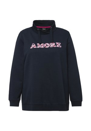 Marine sweatshirt met een hoge kraag en trekkoorden, voorzien van een roze "AMORE" grafiek op de voorkant. Gemaakt van zachte stof, met geribde manchetten.