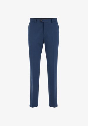 Marineblaue maßgeschneiderte Hose aus einem glatten Material, mit flacher Vorderseite, einer Knopfverschluss und geradem Bein.