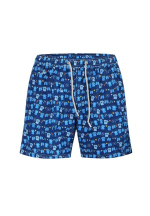 Costume da bagno blu con piccole stampe di varie camicie azzurro chiaro, pantaloncini e palloni da calcio, con vita con coulisse bianca.