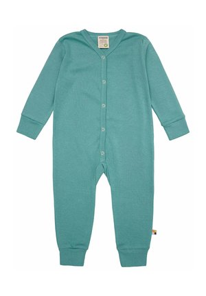 Body turchese a maniche lunghe realizzato in morbido cotone con scollatura a V, chiusura a bottoni automatici e polsini a coste. Nessun motivo o dettaglio visibile.