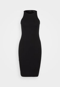 Černé bezrukávové tělové šaty z žebrované tkaniny, s kulatým výstřihem a přiléhavým střihem, délka po kolena.