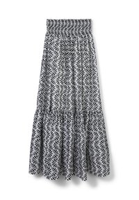 Gonna in bianco e nero con motivo a foglie, con vita arricciata, design a volant sovrapposti e morbida texture del tessuto.