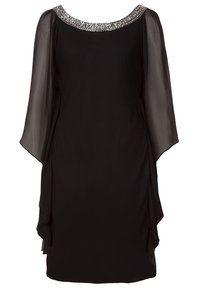 Robe noire avec des manches transparentes et flottantes, et un col en perles. Tissu doux avec un design superposé, présentant un ruché asymétrique sur les côtés.