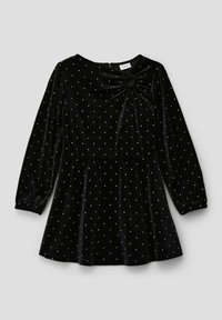 Schwarzes Samtkleid mit langen Ärmeln, runden Ausschnitt und gerafftem Frontdetail. Silberne Punktmuster überall, schwingender Rock und elastische Ärmelbündchen.